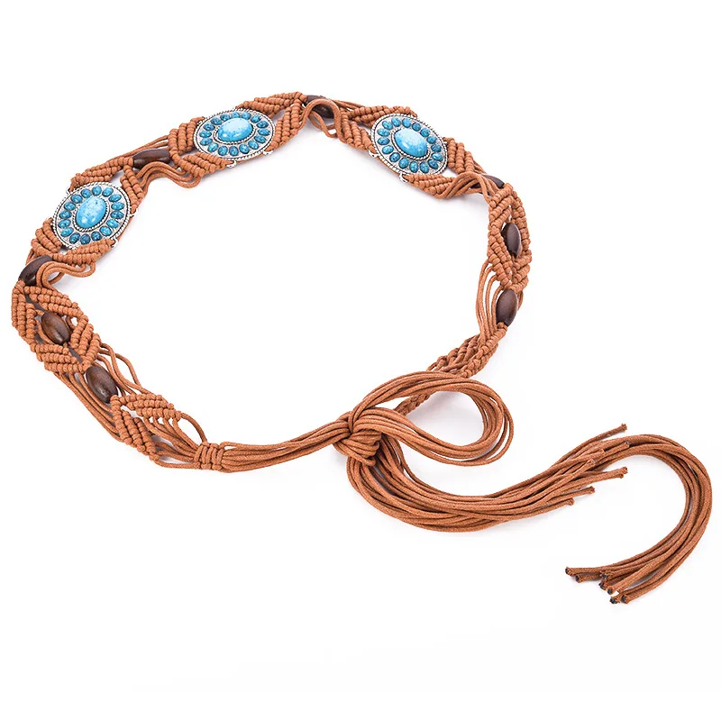 

National Style Women belts Hand-woven Belt Wooden Beads Weaving Knotted Tassels woman Waist Chain Bohemia Female Ceinture Femme