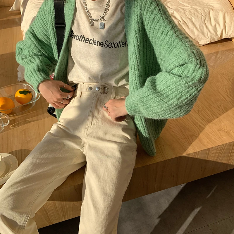 

Soft Glutinous Girl ~ Korean High Waist Slimming Washed Denim Trousers Women's Two Buttons All-Matching Straight Daddy Pants