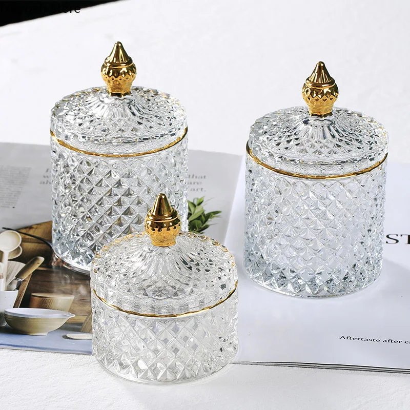 

Retro Glass Jar Transparent Gold Jewelry Storage Box Storage Tank Cotton Swab Jar Household Storage Ornaments Kitchen Supplies