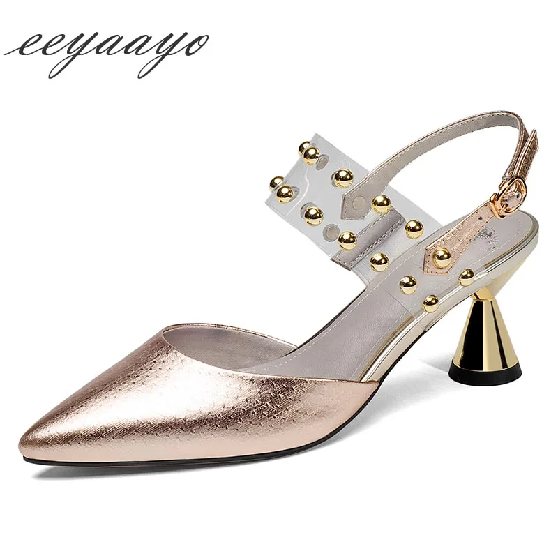 

2020 New Summer Genuine Leather Women Sandals 6cm High Metal Heel Buckle Metal Rivet Sexy Ladies Women Shoes Gold High Heels