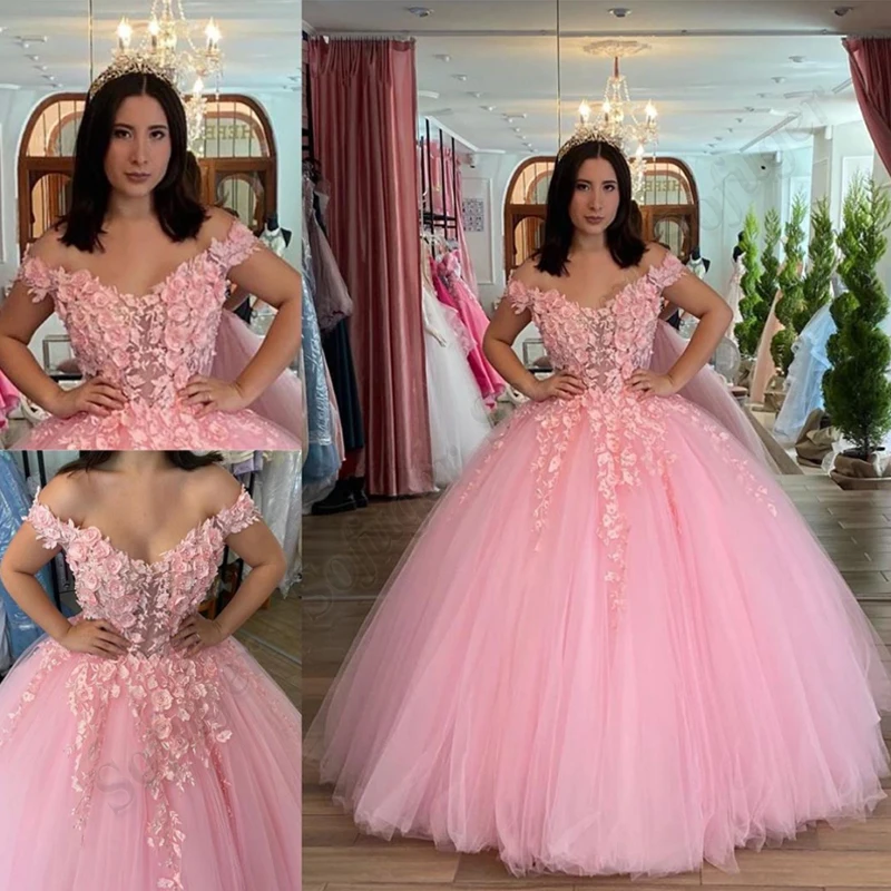 

Cute PInk Pincess Quincenera Birthday Ball Gown Appliqued Birthday Prom Party Robe De Soiree Celebrity 15 Ans Vestidos Fiesta