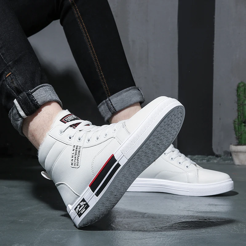 

Men'S Skateboard High Top Vulcanized Shoes Lace Up Leather Flat Platform Black White Non-Slip Walking Leisure Chaussure Homme