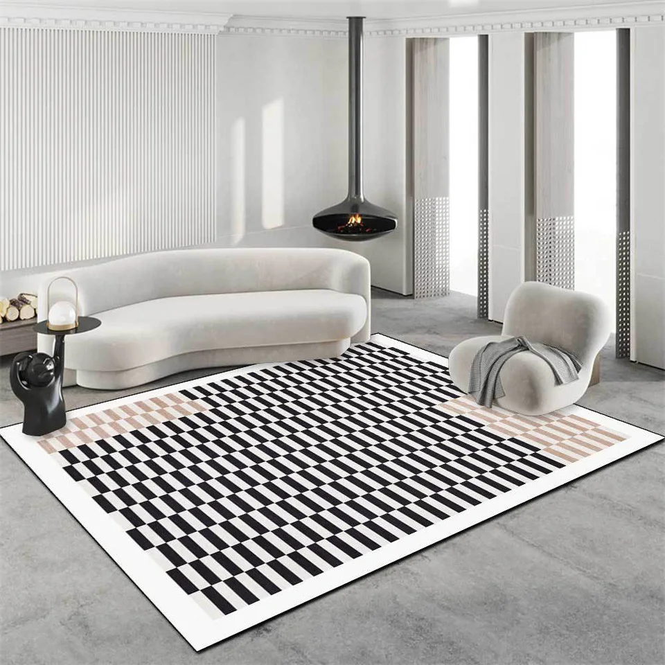 

Area Rug For Living Room Checkerboard Lattice Bedroom Carpet Modern Simple Black White Brown 3D Floor Mats Soft Long Velvet Rugs
