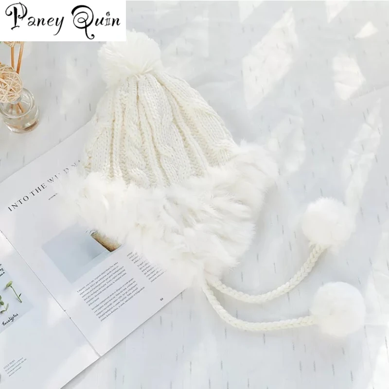 rabbit fur hat for women fluffy earflap ear caps skiing ear protection ball headgear warm beanies knit hat fur bomber hat women free global shipping