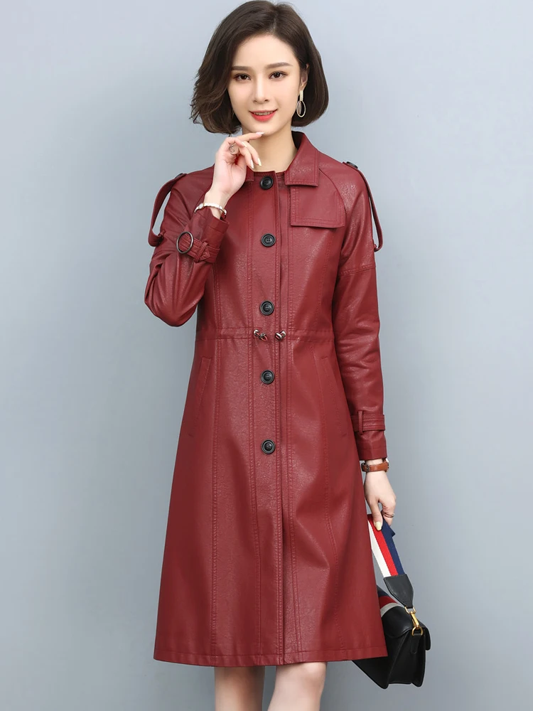 New Women Leather Trench Coat Spring 2022 Fashion Turn-down Collar Solid Color Drawstring Loose Long Sheepskin Coat