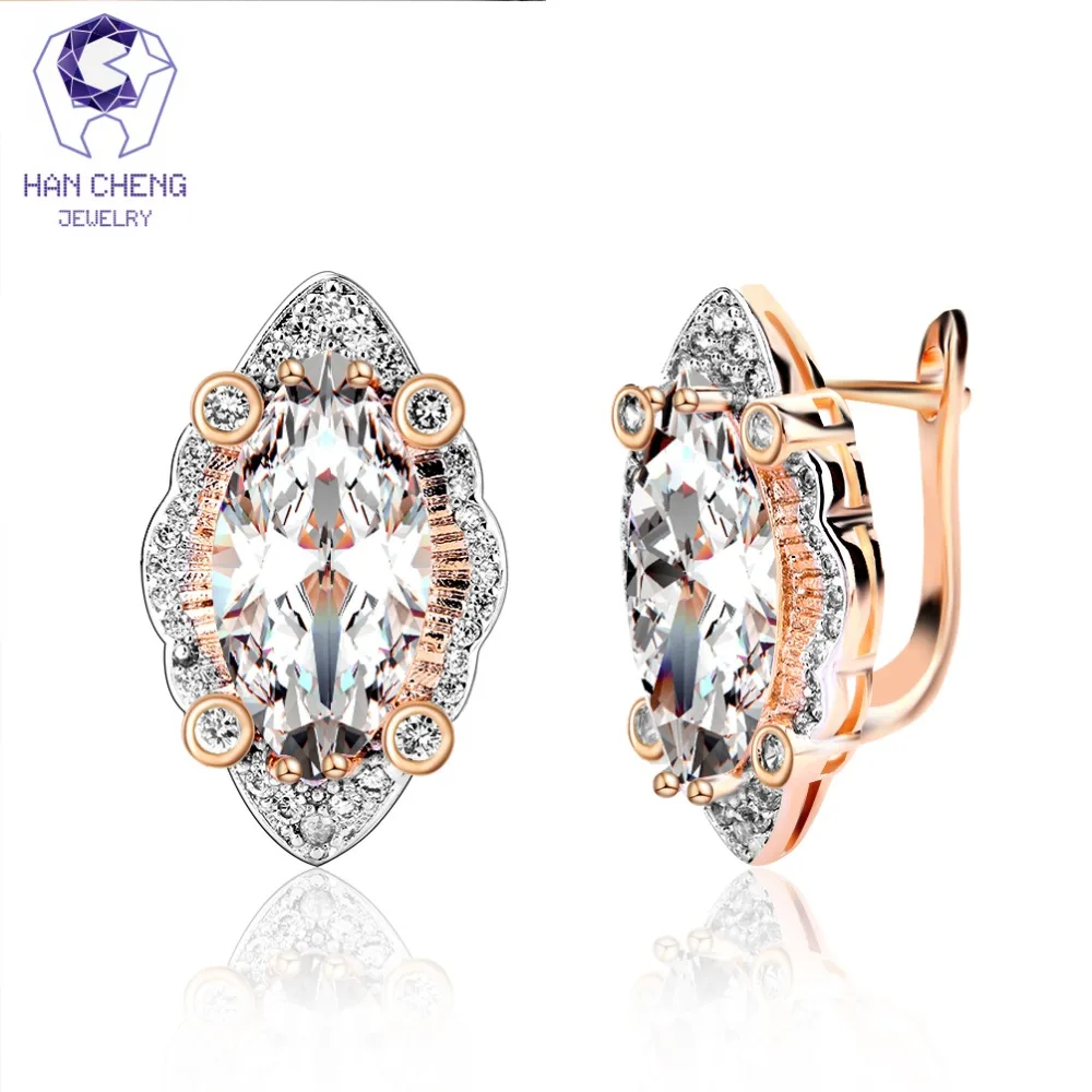 HanCheng New Fashion Luxury Leaf Copper Golden Zircon CZ Gem Stone Plated Silver Stud Earrings For Women Jewelry brincos bijoux
