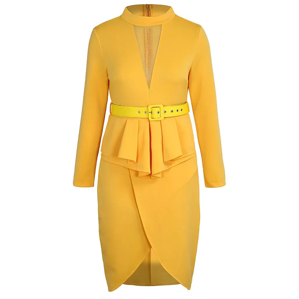 Осеннее женское асимметричное платье миди SEBOWEL с длинным рукавом и баской