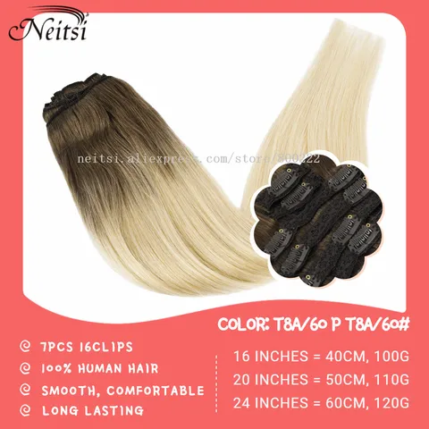 Накладные волосы Neitsi на заколках, 100% Натуральные Прямые Человеческие волосы Remy, 20 дюймов, 7 шт., черные, светлые волосы на заколках