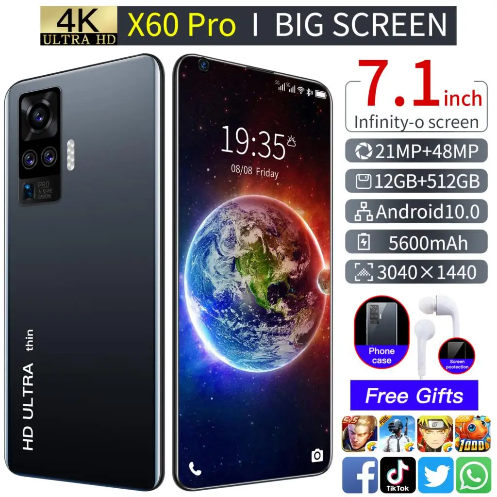 

x60 pro Android Phone 7.1 inch HD3040x1440 Smartphones 12GB+512GB Unlocked Cell Phones 21MP+48MP Featured Phone 5600mah Cheap