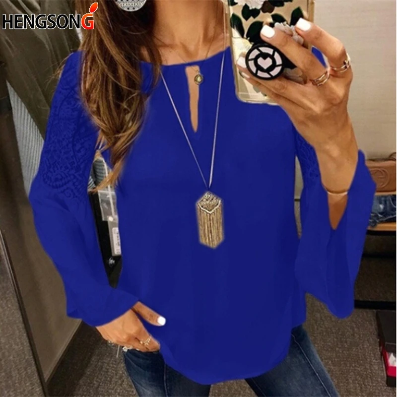 Blusas Mujer De Moda 2020 модная кружевная женская блузка с расклешенными рукавами