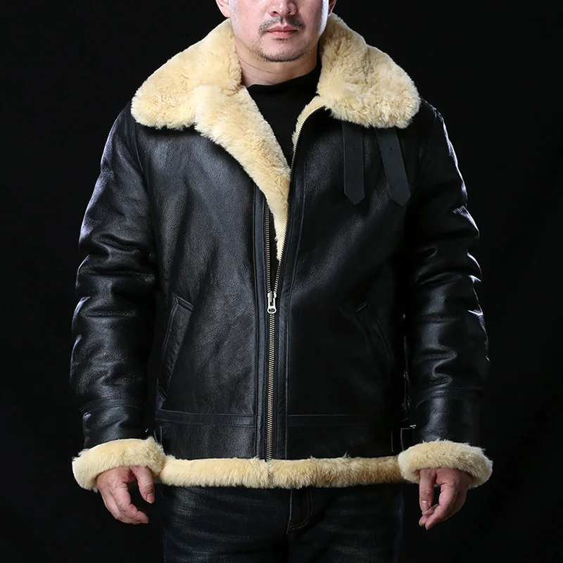 

Size Avfly European High Quality Super Warm Genuine Sheep Leather Coat Mens Big B3 Shearling Bomber Military Fur Jacket