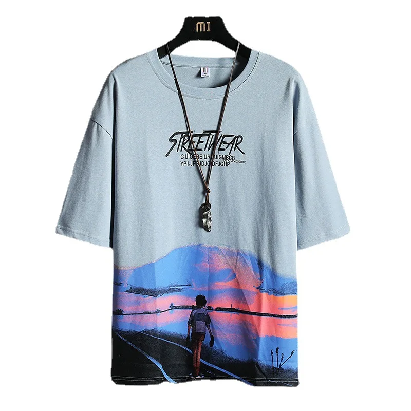

2021 Summer Leisure Cotton Youth Short-sleeved T-shirt Loose Fashion Beach Men's Creative Painted Top