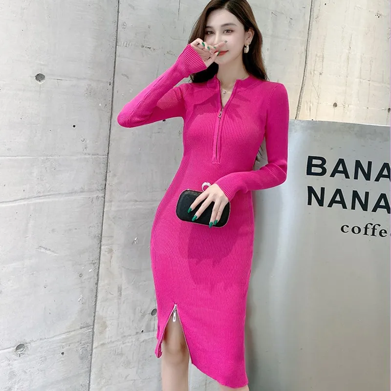 

Fall Winter Korean Women's Clothes Elegant Dress Knitted Female Sweater Bodycon Sheath Split Button Dress Vestido De Mujer