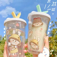wg ins korean cartoon girl water cup portable large capacity hot water cup with lid and straw plastic cup kids water sippy cup