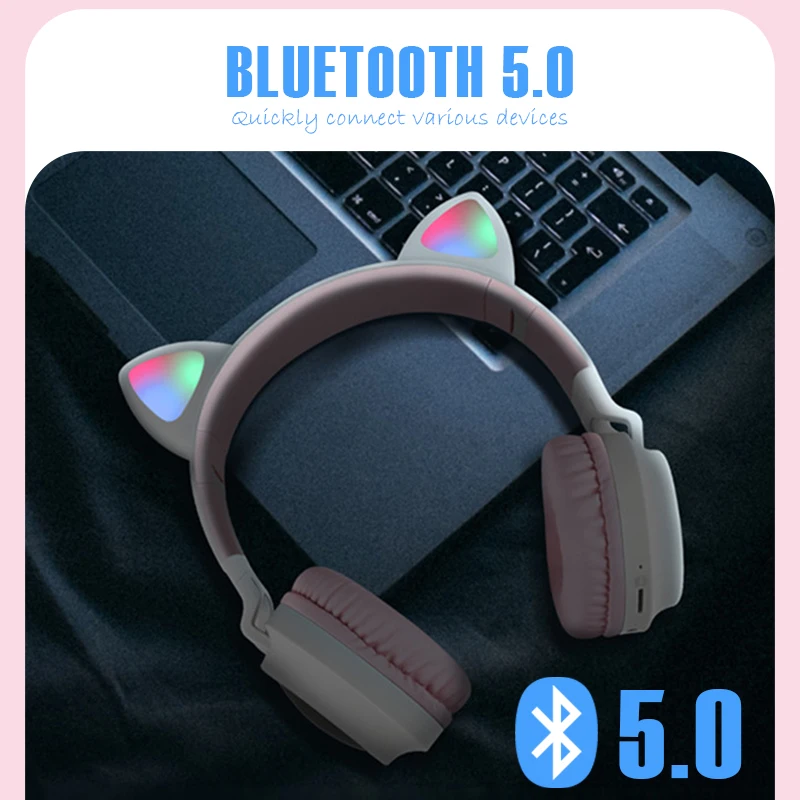 

Data Frog LED Light Bluetooth Cat Ear Headphone Wireless Headphones For PC Headset For Nintendo Switch Earphones Support TF card