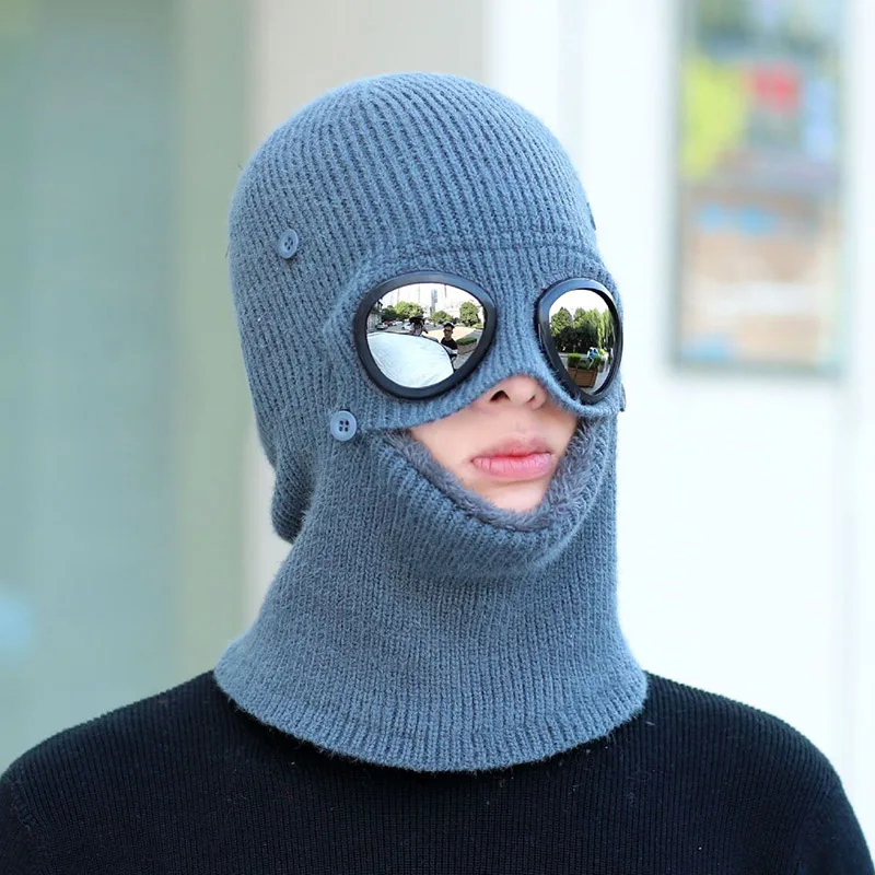 Зимние шапки в шляпе и очках Skullies Beanies Зимние шапки для мужчин женский шерстяной шарф головные уборы, Балаклава маска Knitted шапка вязаная - Цвет: Dark Gray