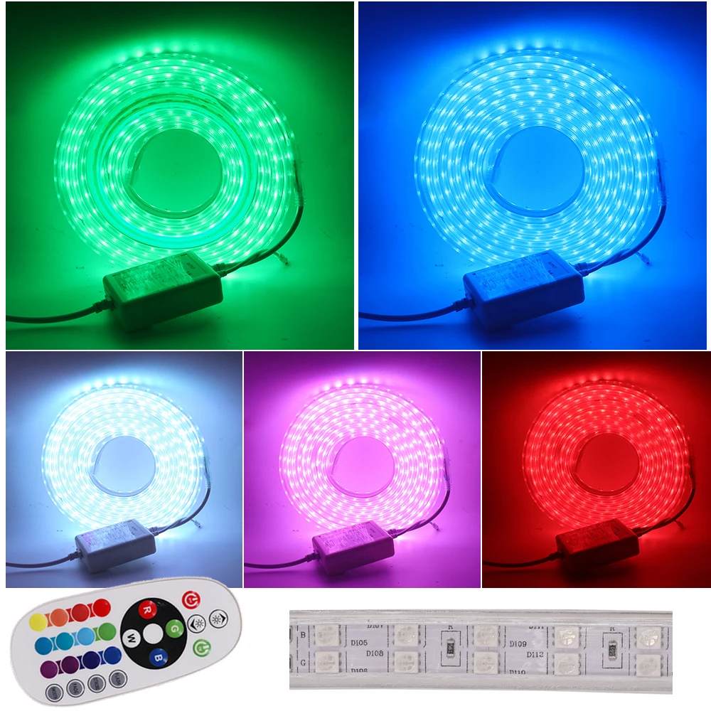5050 RGB LED Strip Light AC 220V Waterproof + 24Key Remote Double Row 120LEDs/m Led Tape Rope For Home Decoration | Лампы и освещение