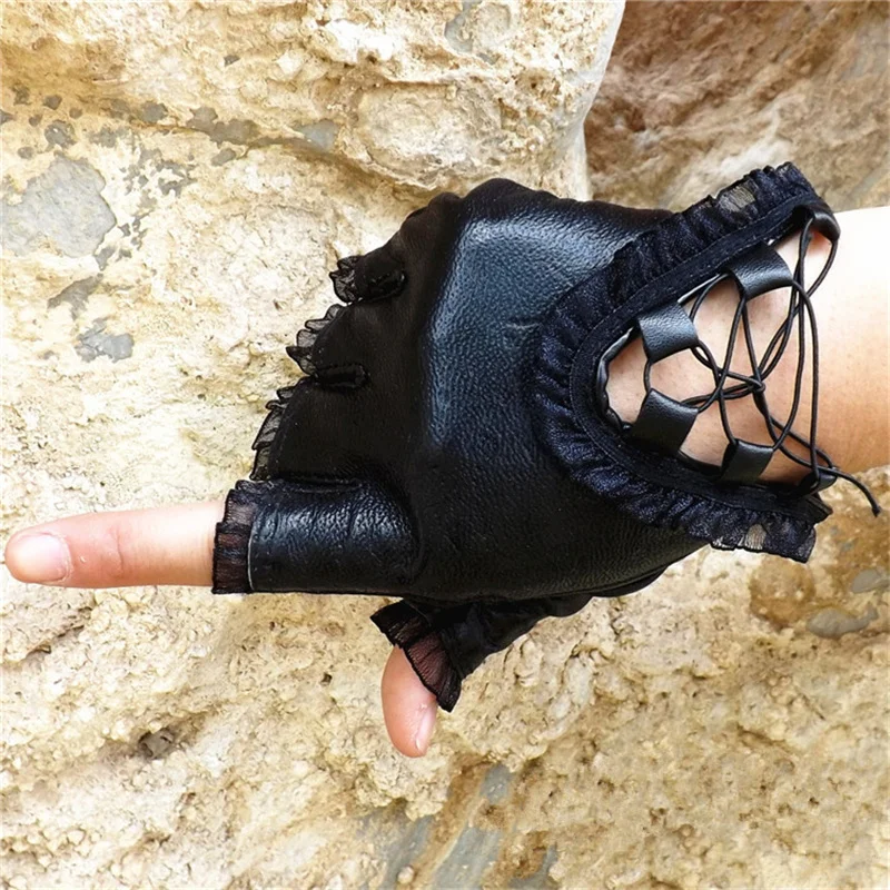 Женские перчатки из натуральной кожи черные с полупальцами оригинальные