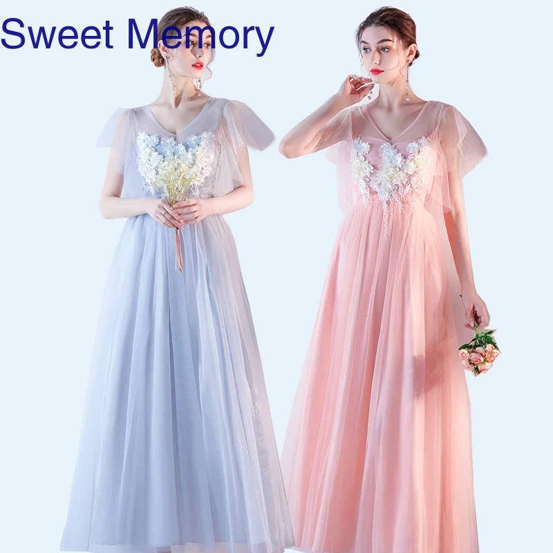 

M055 Sweet Memory Long Pink Prom Dresses Bride Sisters Guests Sexy V Neck Short Sleeves A Line Bridesmaid Wedding Party Dress