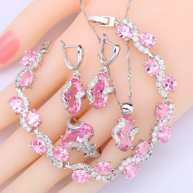 

Pink Topaz Zircon 925 Silver Jewelry Sets For Women Wedding Bracelet Earrings Rings Necklace Pendant Birthday Gift