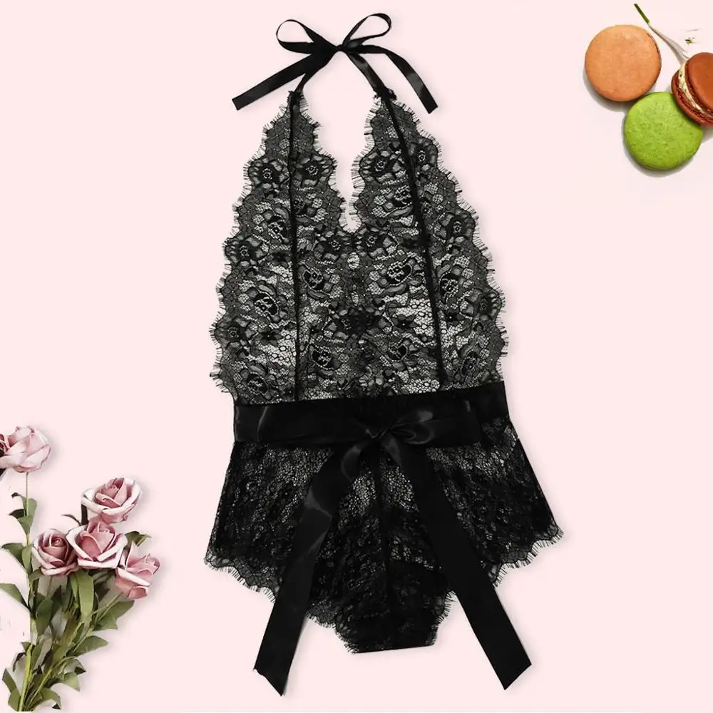 Сексуальное Женское боди с цветочным кружевом и бантом Модный комбинезон