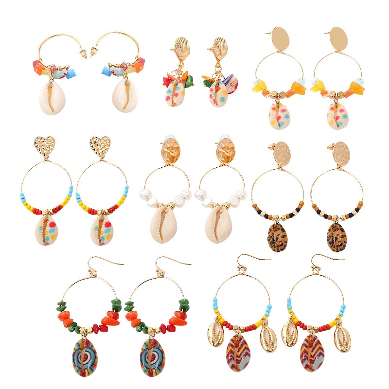2019 New Arrival Bohemian Colorful Seadbead Cowrie Shell Drop Hoop Earring Natural Stone Jewelry for Women Girls | Украшения и