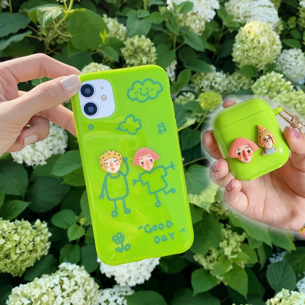 

3D Cute Cartoon Couple Solid Fluorescent Green Phone Case For iPhone 11 12 Pro Max XS X XR 7 8 Plus SE 2020 12Mini Soft Cover