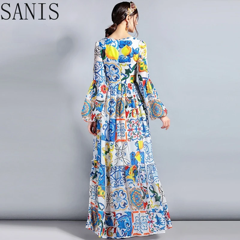 

Sanis Fashion Designer Maxi Dress 5XL Plus size Women's Long Sleeve Boho Colorful Flower Print Casual Long Dress