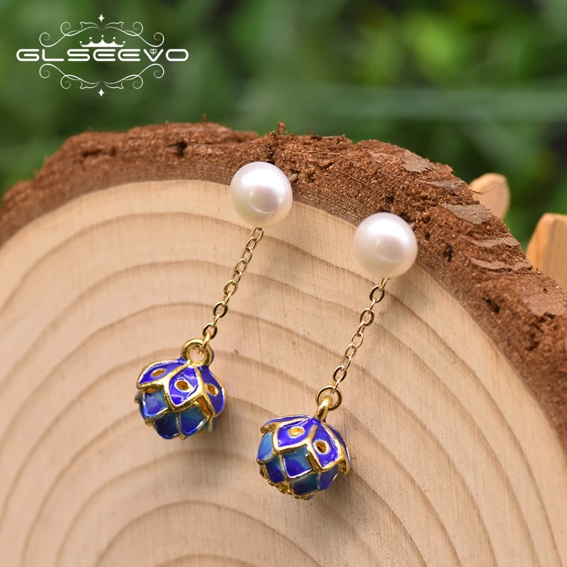 

GLSEEVO Cloisonne Handmade Earring For Women Wedding Natural Fresh Water Pearl Drop Flower Earrings Temperament Jewelry GE0967
