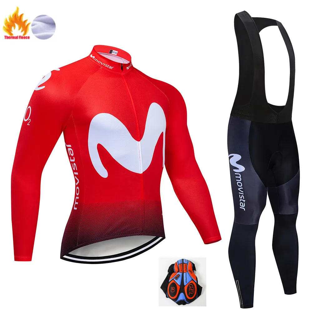 Winter suit Зимняя Теплая Флисовая мужская майка Movistar с длинным рукавом для езды на велосипеде, велосипедная 9D Подушка, штаны, комплекты одежды для езды на велосипеде - Цвет: Winter suit