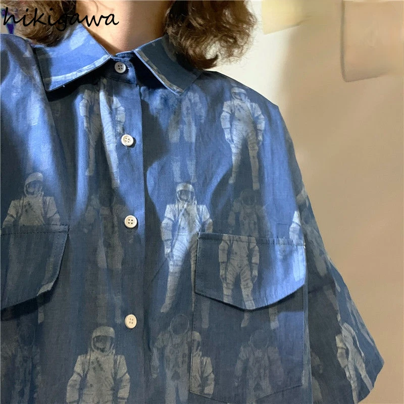 

Hikigawa Plus Size Shirts Vintage Harajuku Camisas De Mujer Print Half Sleeve Turn Down Collar Tops Fashion Women Summer Blouses