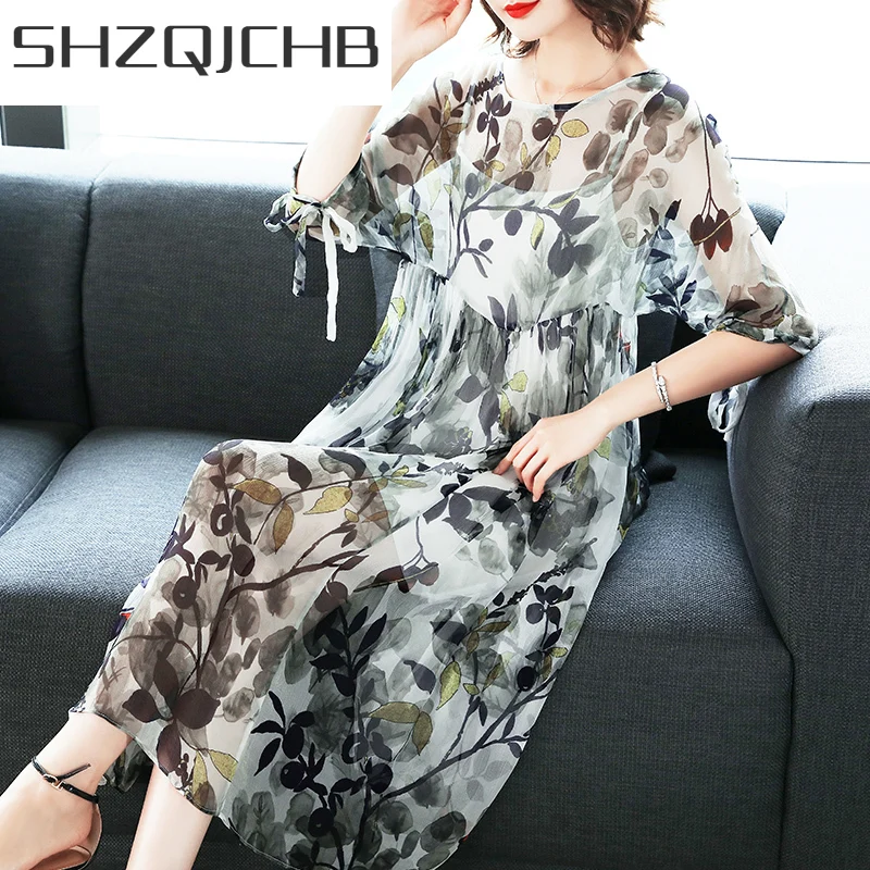

SHZQ Summer Beach Dress Women Silk Long Party Dress Print Floral Dresses Elegant Ladies Office Wear Vestidos Verano LWL1546