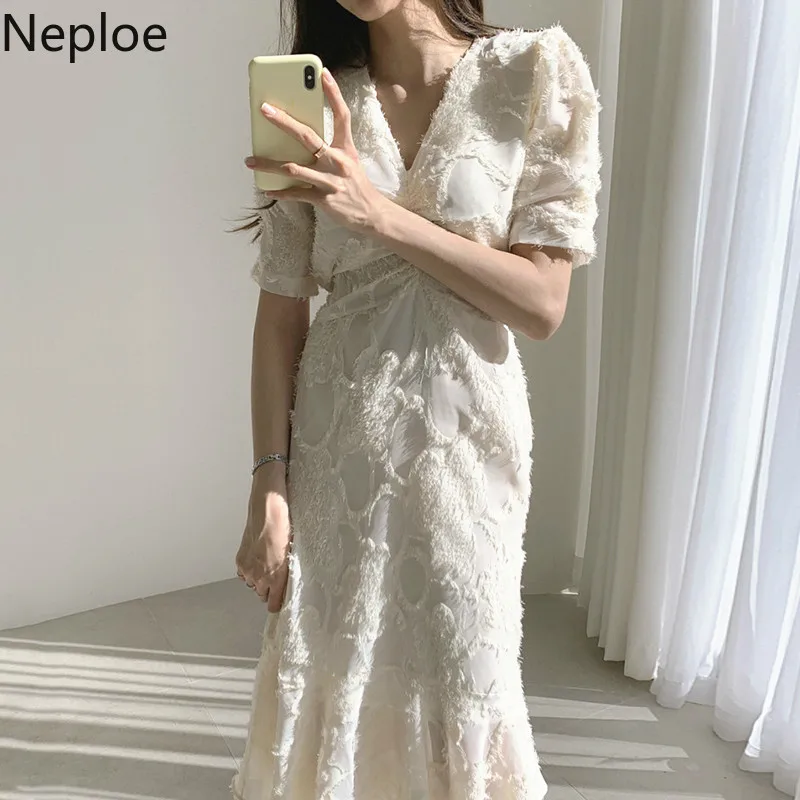 Neploe корейское Инс элегантное с оборками короткий рукав платье высокая талия