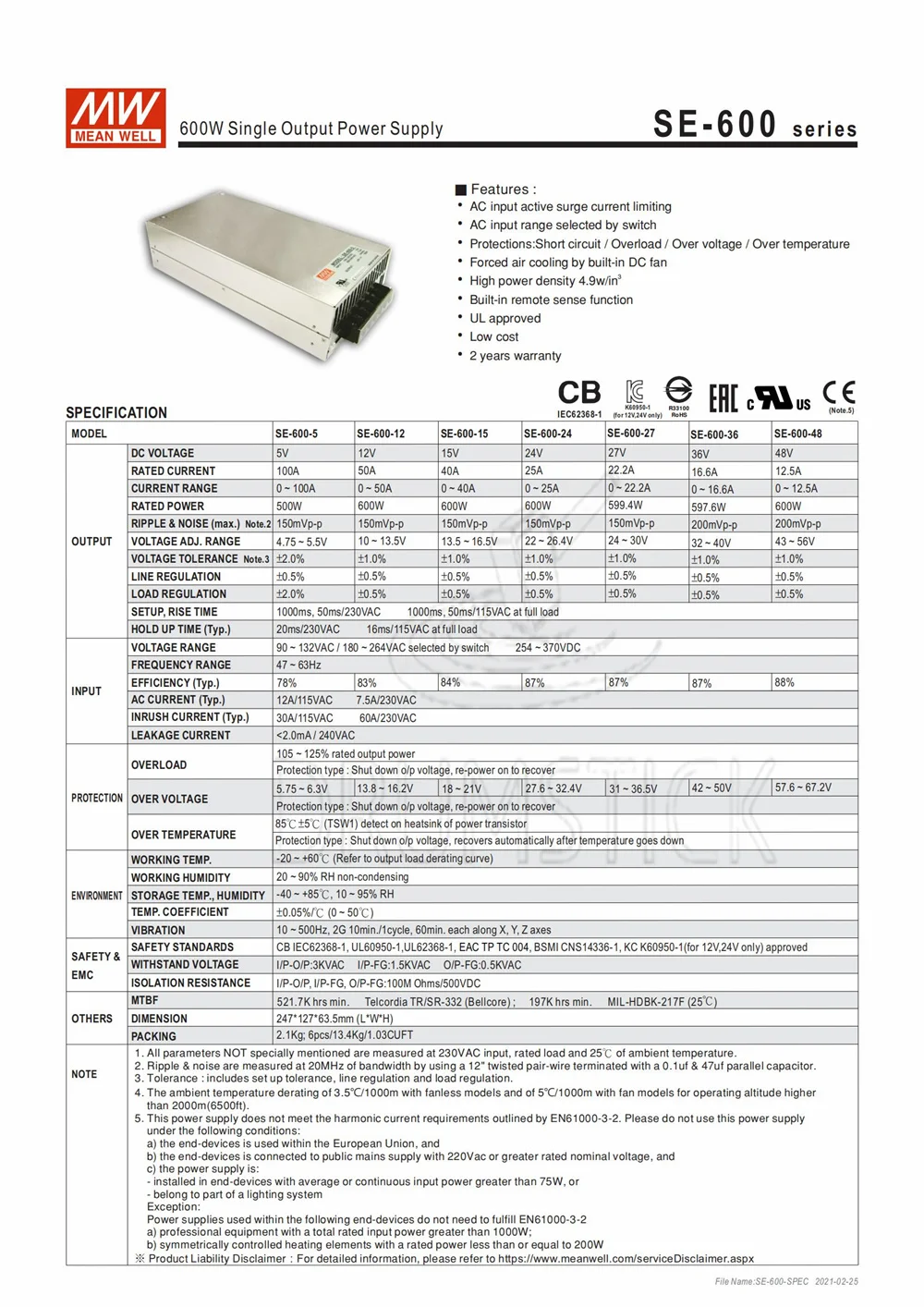 (6 упаковок) Meanwell 600 Вт источник питания SE-600-24V/48 в дисплей светодиодная лента