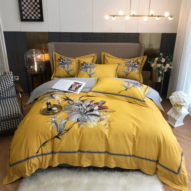 

Luxury Egyptian Cotton Bedding Set Queen King size Bright Flamingo Leaf Duvet Cover Bed sheet set Flat Fitted sheet Flowers