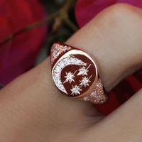 fashion signet ring crescent moon star diamond jewelry hand carved flower bride engagement wedding