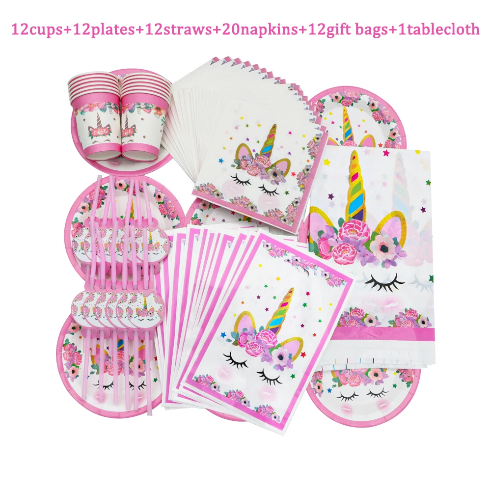 

69Pcs Pink Unicorn Princess Girls Birthday Party Decoration Cup Plate Napkin Tablecloth Straws Disposable Tableware Baby Shower