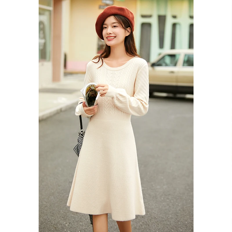 

INMAN Autumn Winter Women's Long Sleeve Dress Solid Color Jacquard Small Medium Skirt Temperament Elegant Knitted One Piece