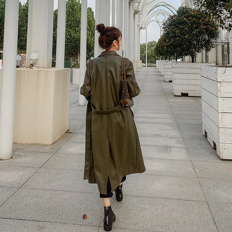 2020 autumn new Korean long style military green high sense temperament fried Street leather windbreaker trendy woman enlarge