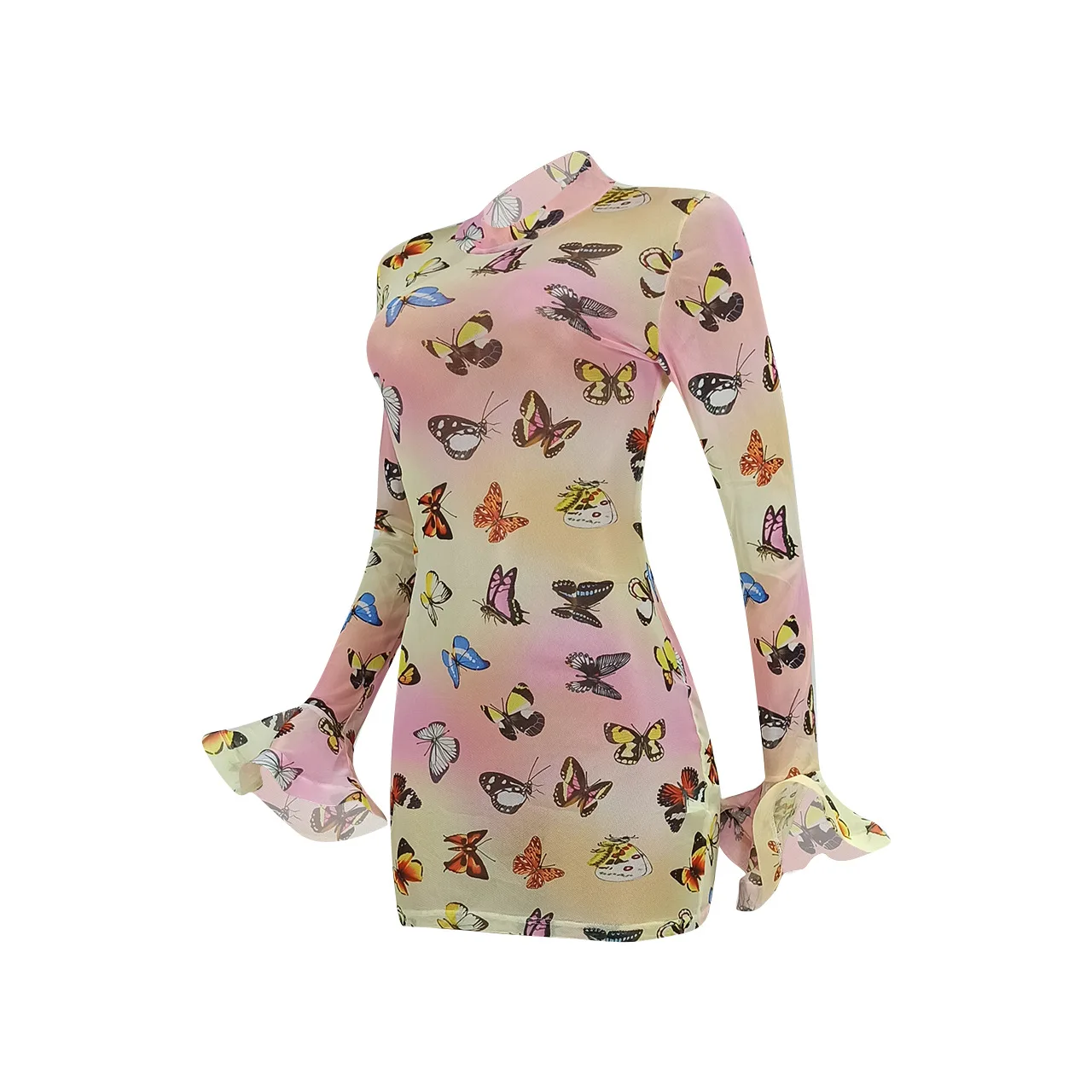 

2020 Summer New Dress Butterfly Printed Mesh Perspective Dress European and American Nightclub Women's Clothes