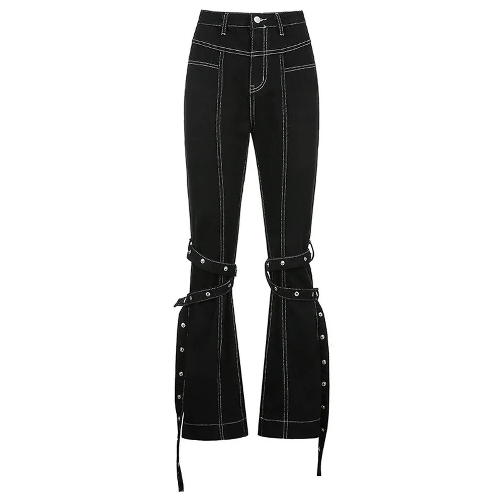 

2021 Vintage Gothic Grunge Black Jeans Harajuku Punk Wide Leg Women Pants Hip Hop High Waist Bandage Streetwear Rivet Trousers