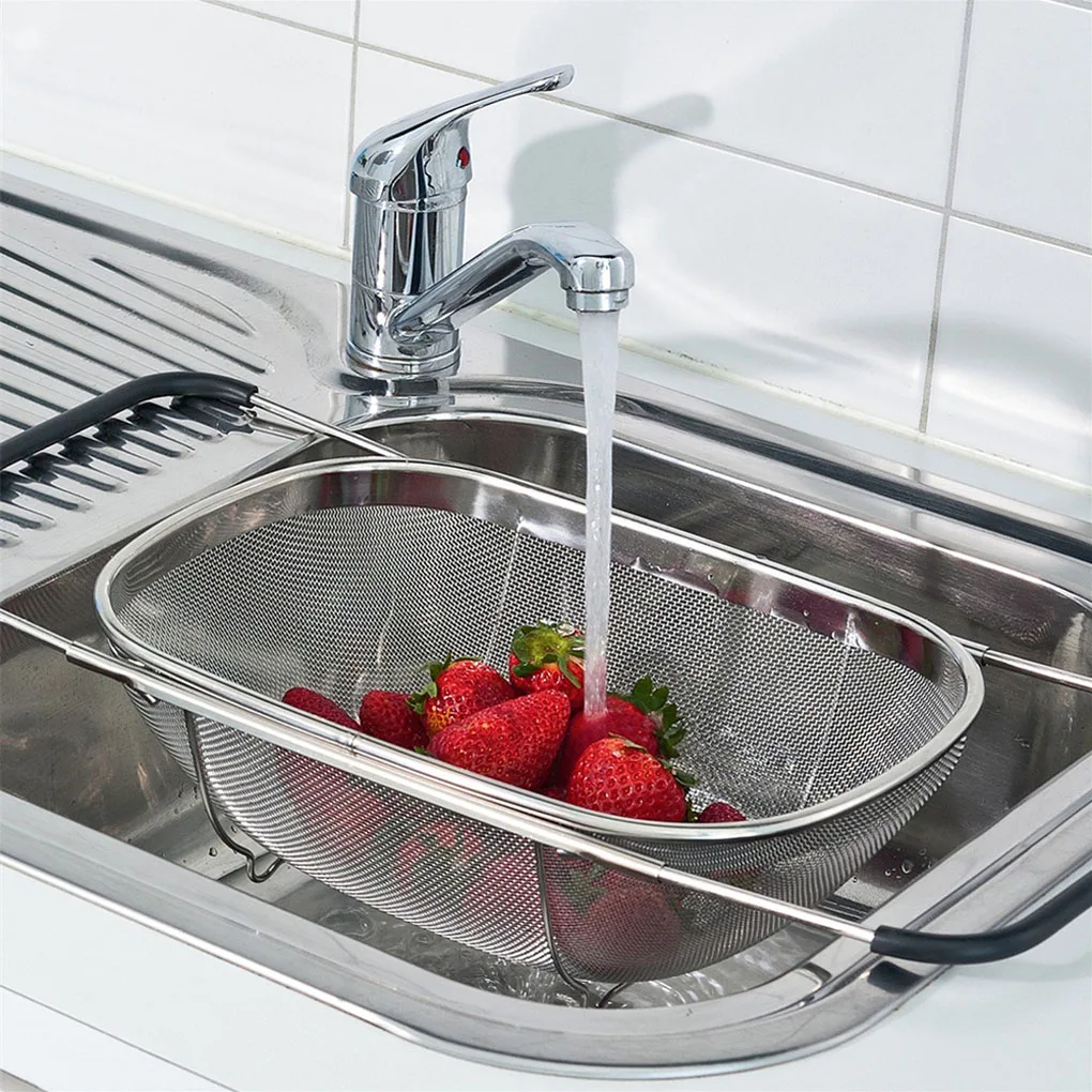 

Retractable Drain Basket Rubber Grip Handles Stainless Steel Oval Colander Sink Vegetables Draining Rack