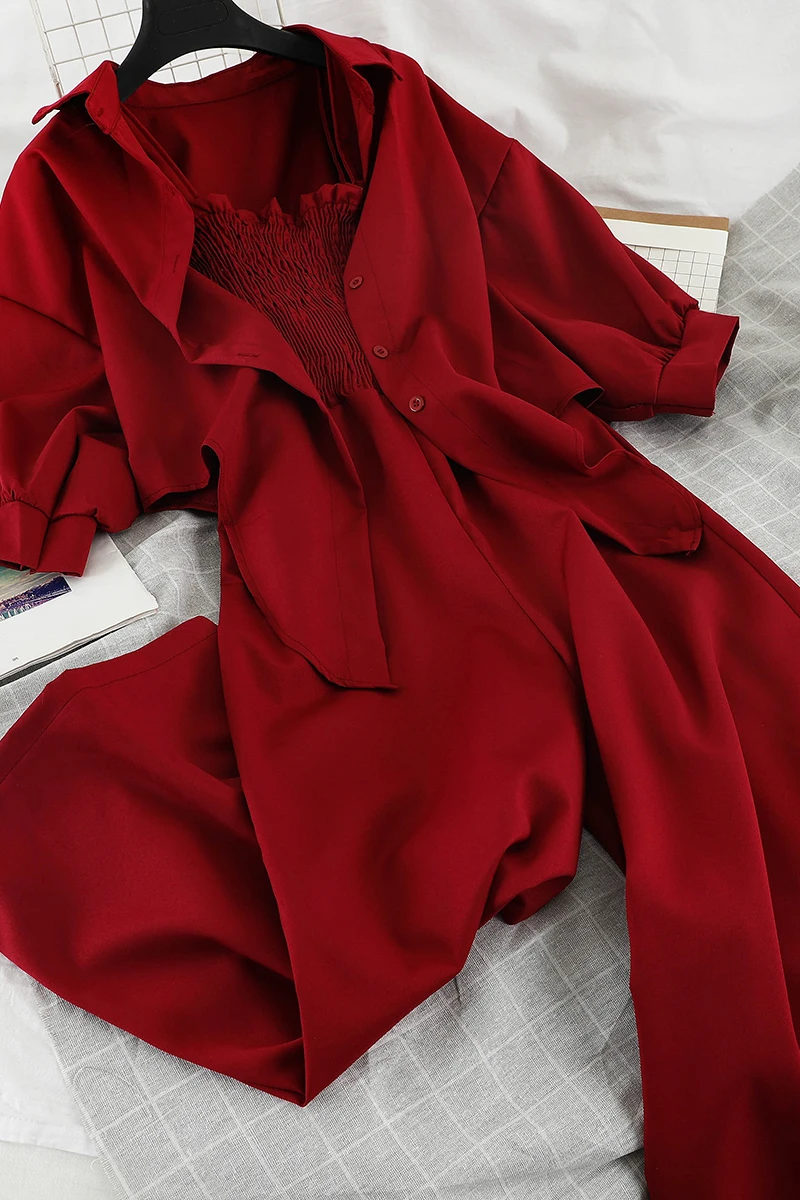 

Casual Women 2pcs Set Solid Color Summer 2021 Single Breasted Irregular Outerwear + Wide Leg Rompers Ladies Two Piece Set Suit