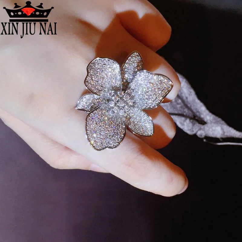

2020 New Bling Zircon Stone Flower Rings for Women Fashion Wedding Engagement Jewelry S925 Sterling Silver Color