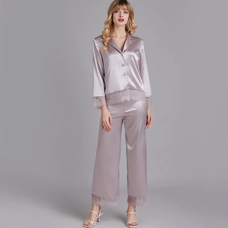 

2021 New Women Pajamas Set Lace Trim 2PCS Sleepwear Faux Silk Shirt&Pants Femme Loose Pijamas Suit Casual Trousers Suit