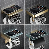 gold bathroom roll paper holder soild brass leatherglass bath mobile phone towel rack toilet tissue shelf wall mounted