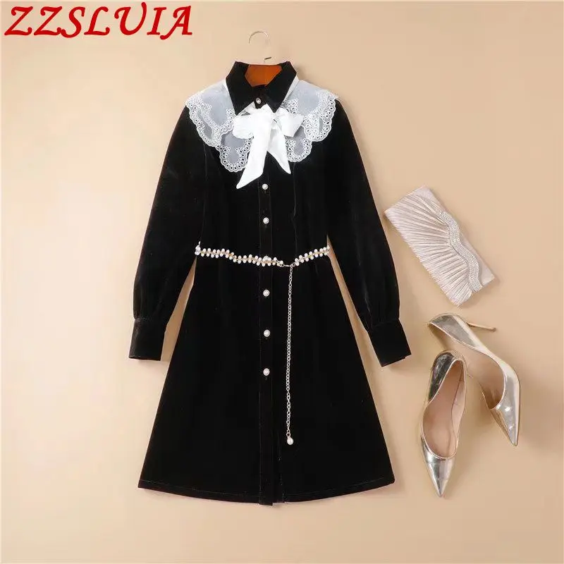 

Vintage Women's Velvet Dresses Turn Down Collar Embroidery Design Bow Lacing Slim One Piece Ladies Dress Elegant Female Clothing