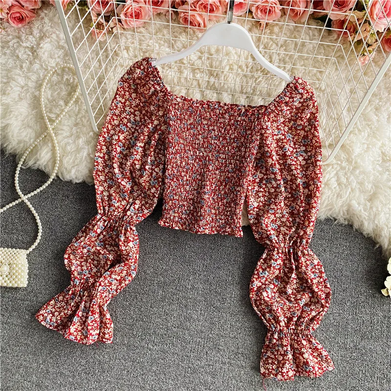 

Floral chiffon shirt women's 2021 spring new foreign style lantern sleeves folds slim slimming square collar short top