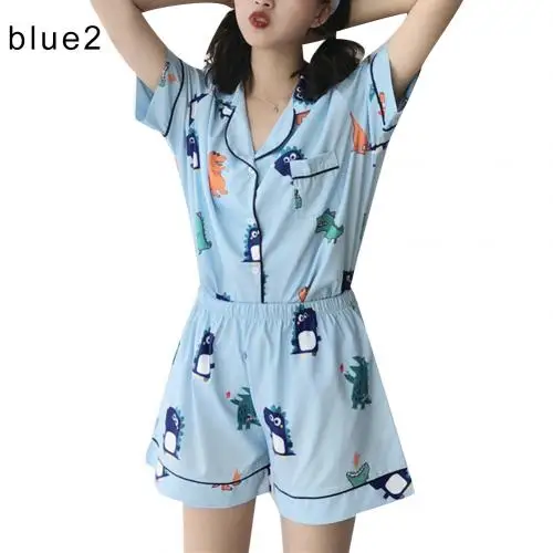 Blue 2 2 шт./компл. из плотной ткани модное Для женщин Стильная футболка с изображением персонажей видеоигр узор, хлопок, одежда для сна, милые отложной воротник короткий рукав Топ Короткие шорты пижамный комплект - Цвет: Blue 2