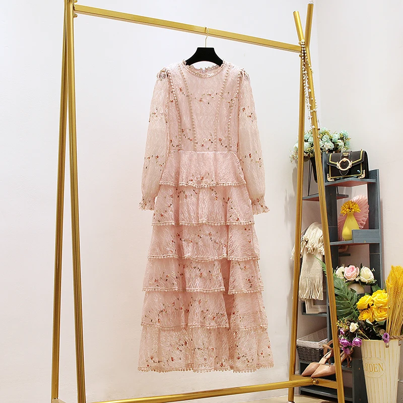 HAMALIEL-длинное платье с оборками для женщин высококачественное розовое кружевное